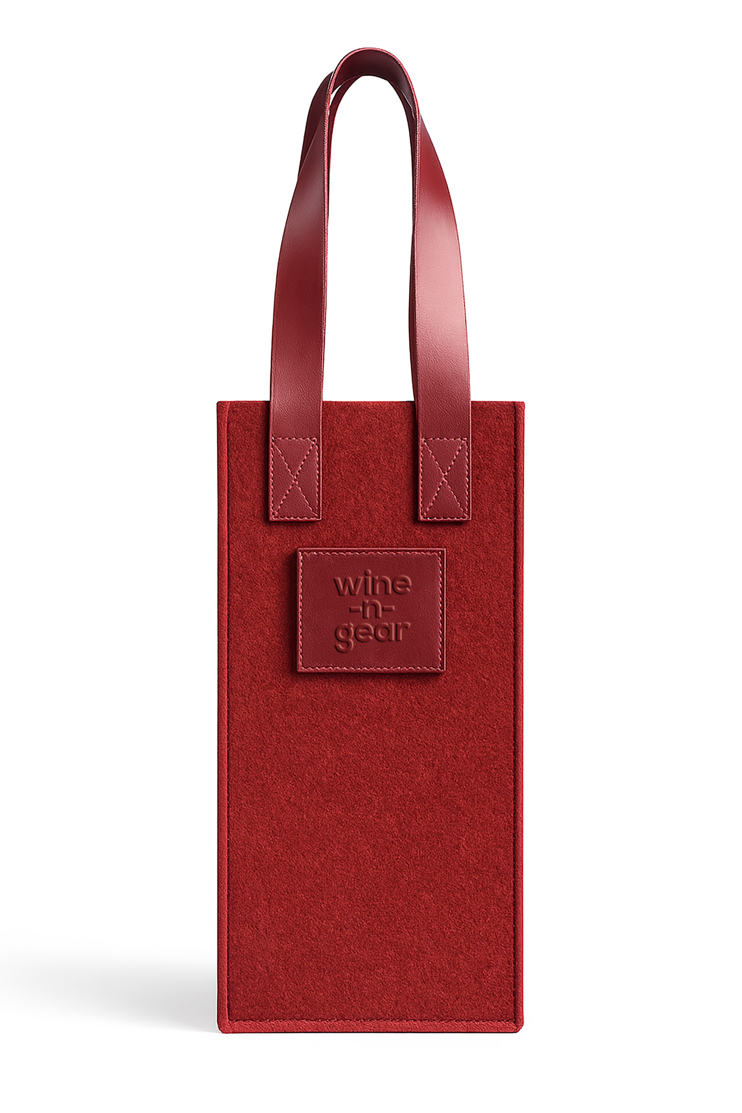 Red wine tote bag with leather handle on a white background