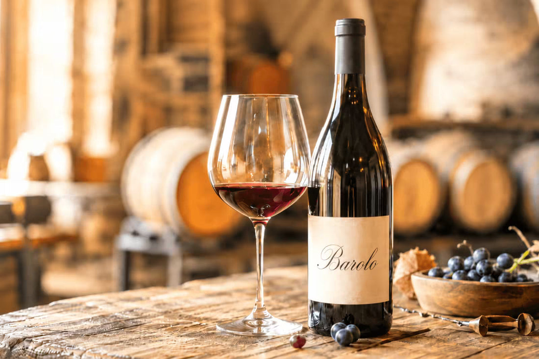 Barolo wine bottle and glass on a rustic wooden table inside a warm wine cellar