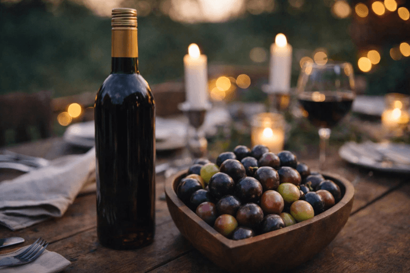 Bottle of muscadine wine with fresh grapes on table at outdoor dinner setting
