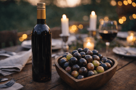Bottle of muscadine wine with fresh grapes on table at outdoor dinner setting