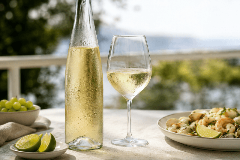 Chilled bottle and glass of white Vinho Verde served with limes, green grapes, and seafood on an outdoor table