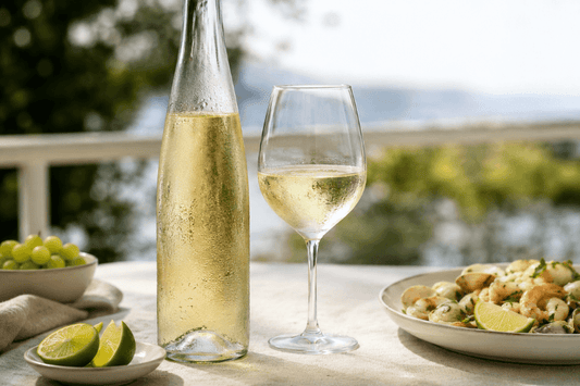 Chilled bottle and glass of white Vinho Verde served with limes, green grapes, and seafood on an outdoor table