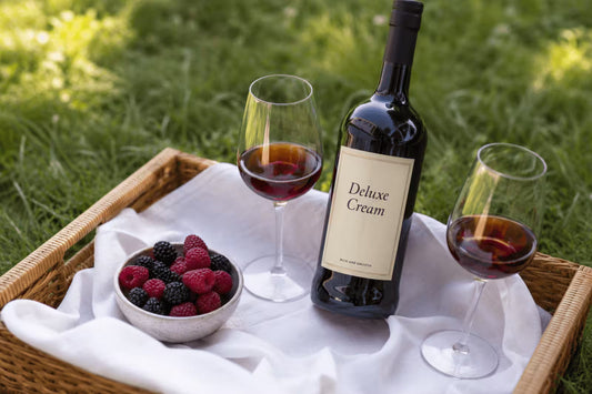 Deluxe cream sherry bottle with two glasses and fresh berries in a wicker picnic tray