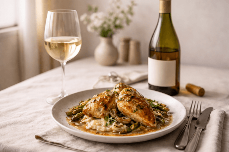 Grilled chicken breast with herbs and vegetables served with a glass of white wine on a light table setting