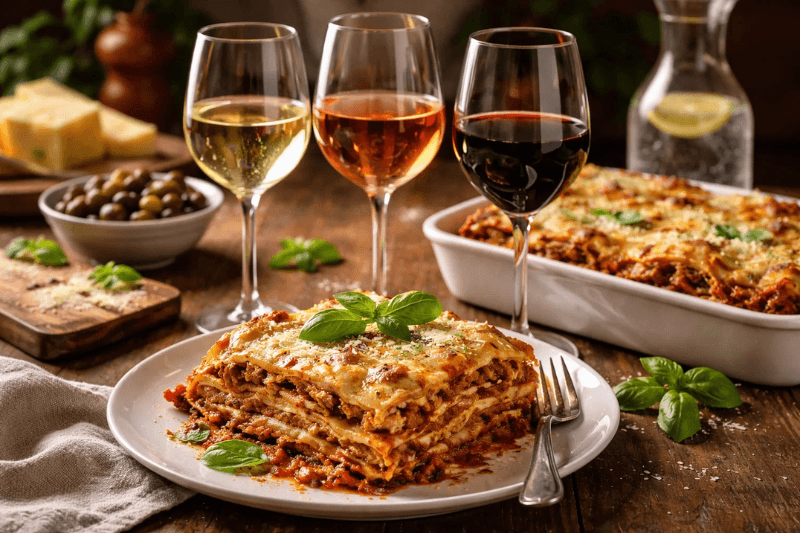 Lasagna with glasses of red, rosé, and white wine showing classic wine pairings for Italian pasta dishes
