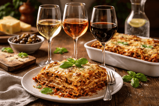 Lasagna with glasses of red, rosé, and white wine showing classic wine pairings for Italian pasta dishes