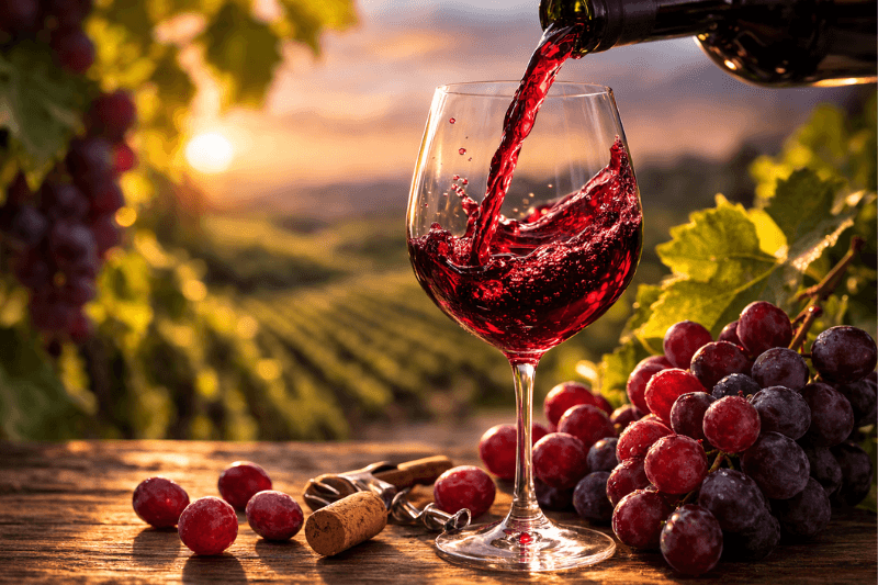 Red wine being poured into a glass with grapes and vineyard at sunset in background