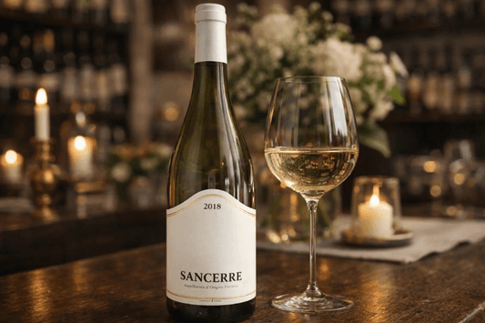 Sancerre wine bottle and glass of white wine on a table in a candlelit restaurant setting