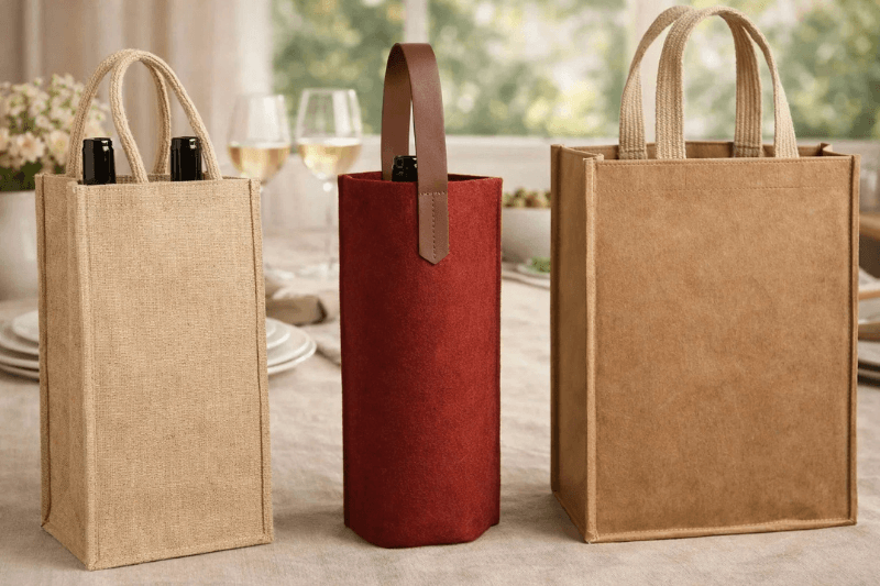 Set of reusable wine bags including jute, felt, and kraft paper wine totes displayed on a table