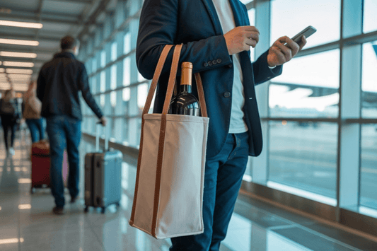 Traveler carrying a wine bottle in an insulated tote bag inside an airport terminal, demonstrating safe wine transport during air travel.