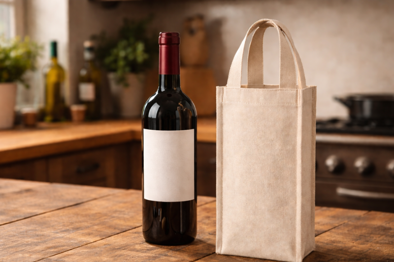 Wine bottle and plain tote bag on a wooden kitchen table