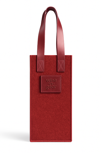 Red wine tote bag with leather handle on a white background