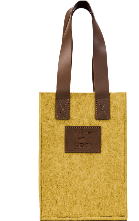 Yellow tote bag with brown leather straps and a visible brand logo on a white background