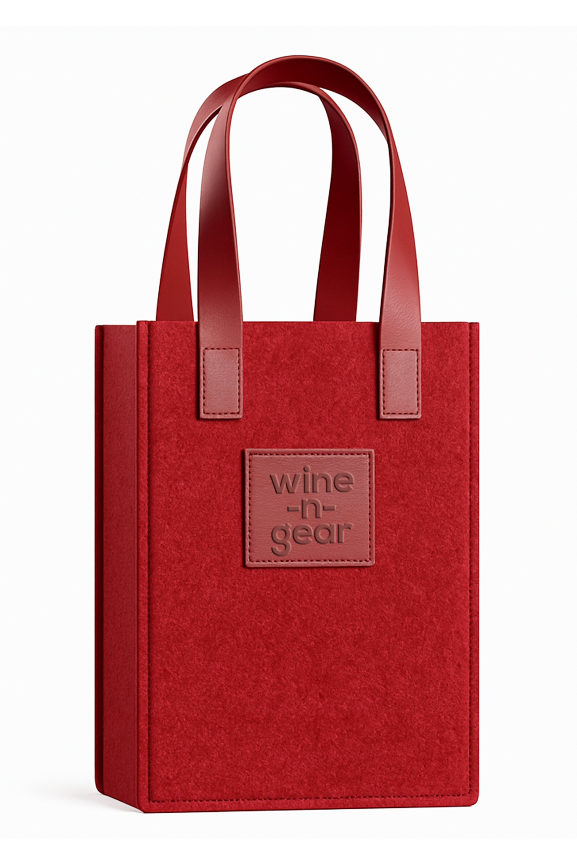 Red wine tote bag with 'wine-n-gear' logo on a white background
