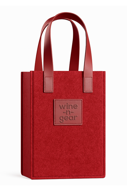 Red wine tote bag with 'wine-n-gear' logo on a white background