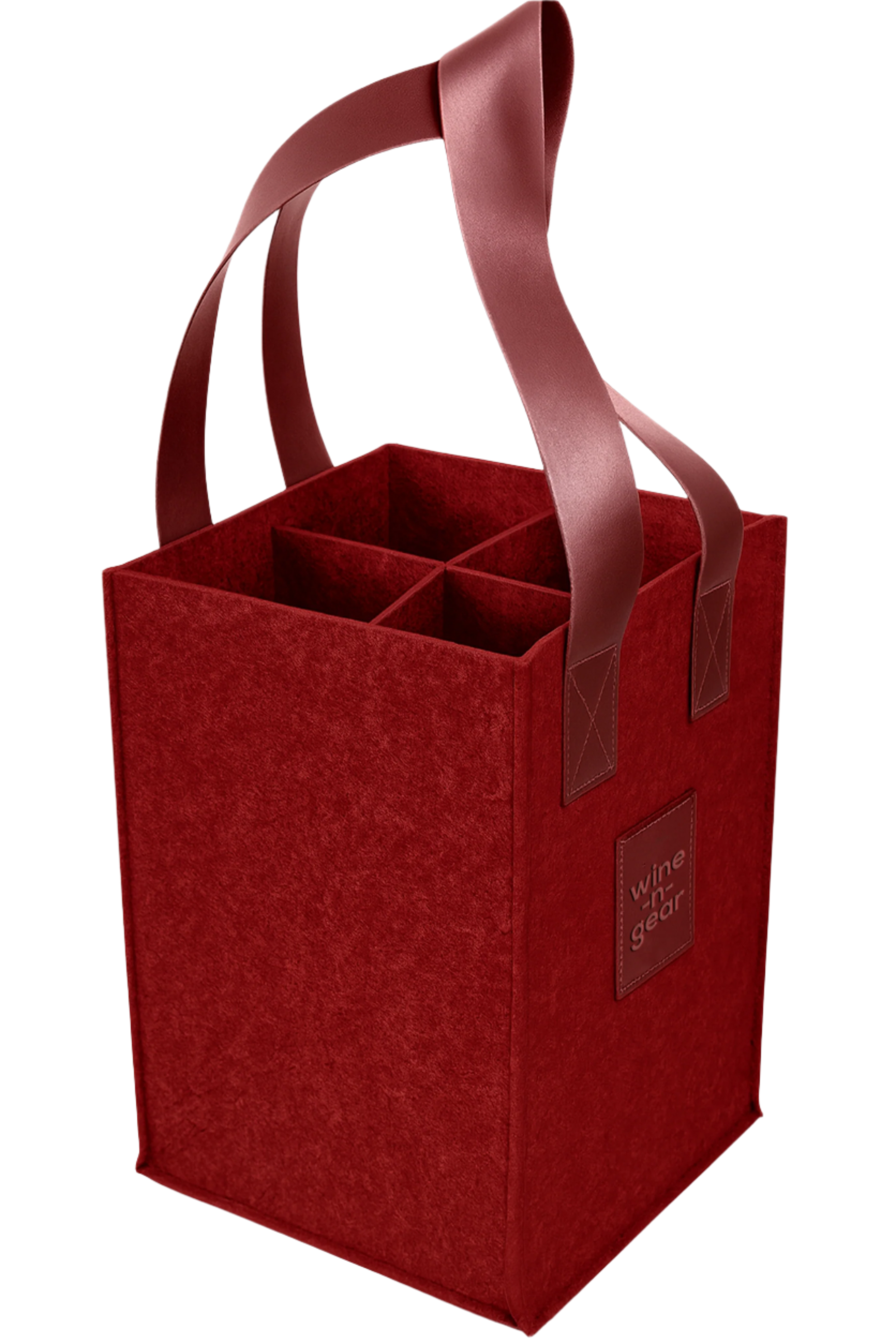 Red wine carrier with brown handles on a white background