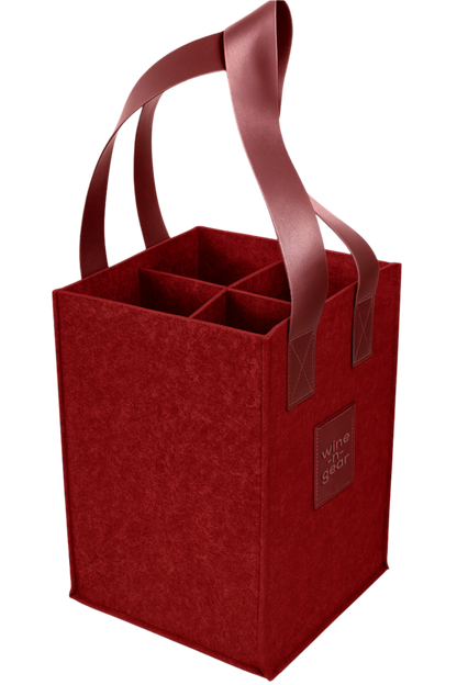 Red wine carrier with brown handles on a white background