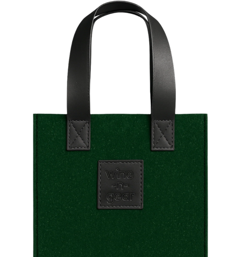 Green tote bag with black handles and a visible brand logo on a white background