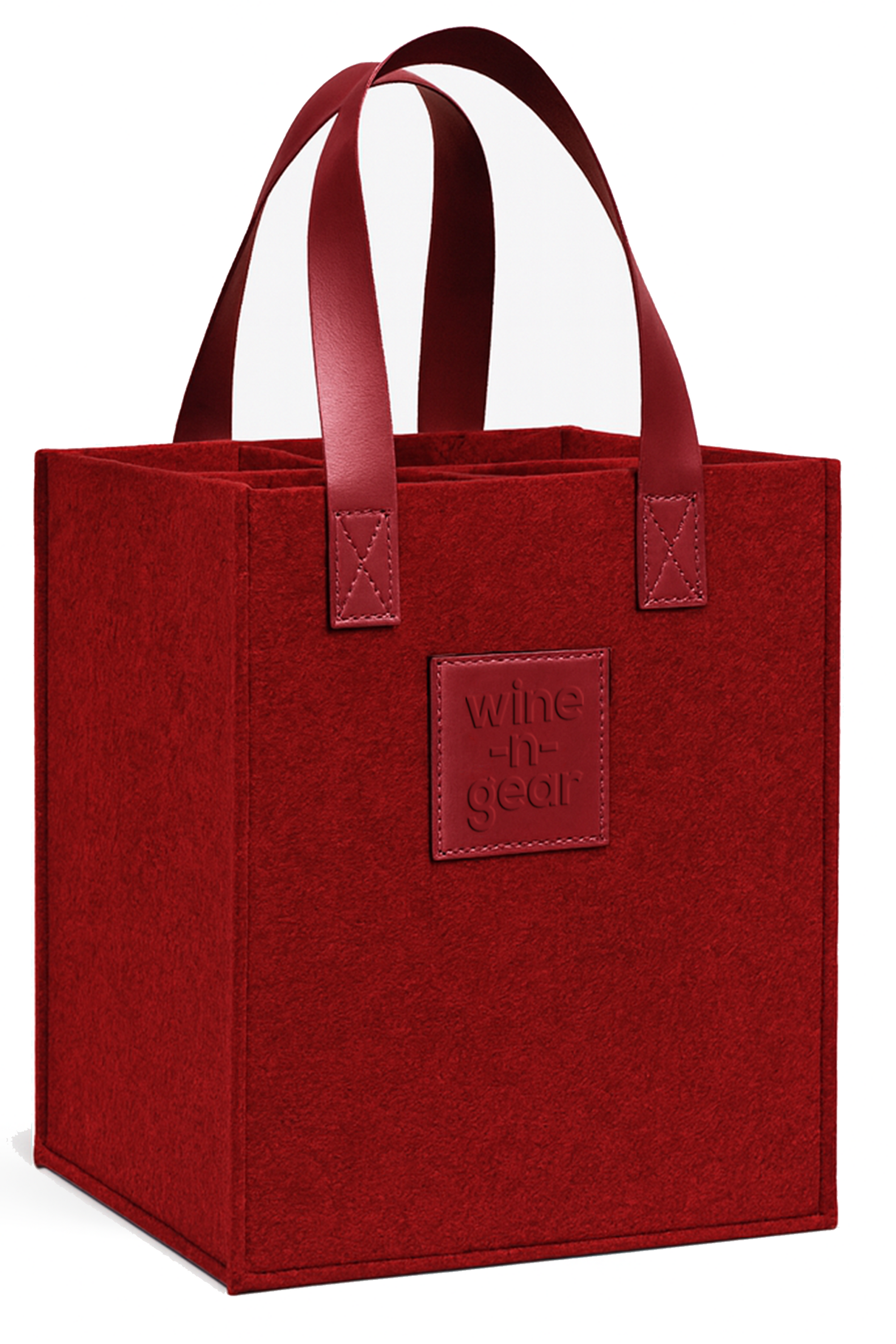 Red tote bag with 'wine n' gear' label on a white background