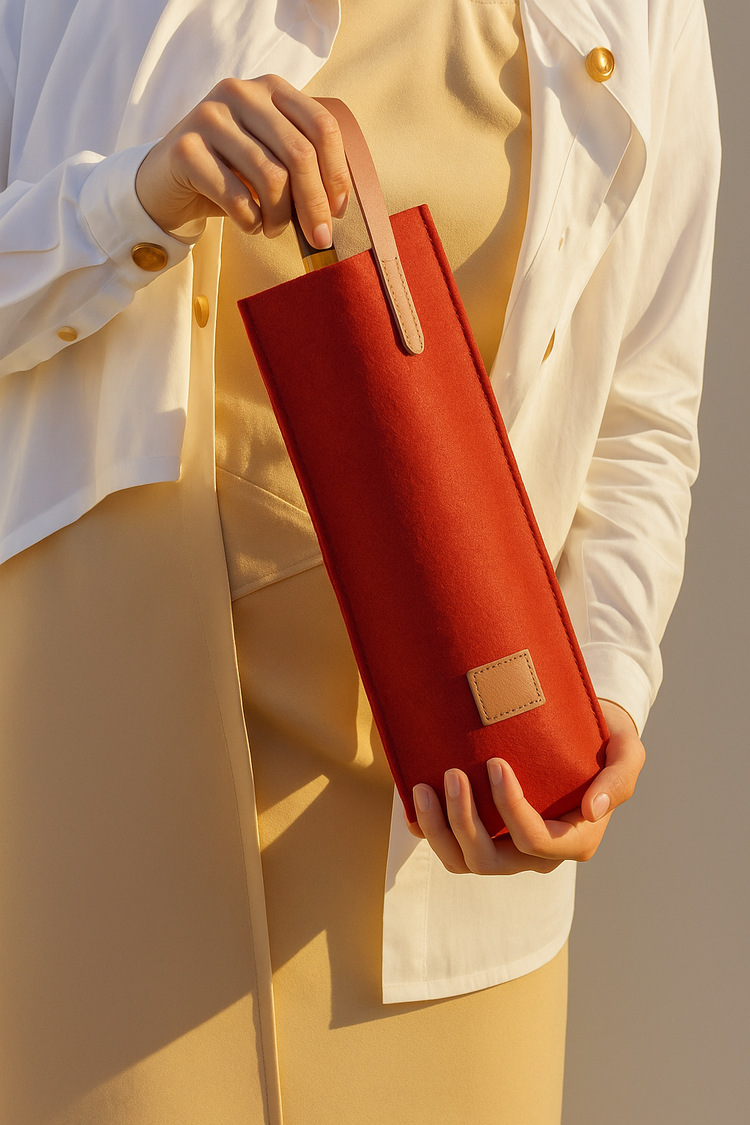 Person holding a red clutch bag with a neutral background