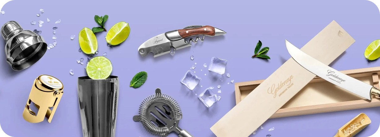 Set of bar tools including a knife, corkscrew, and shaker on a purple background with lime slices and ice cubes.