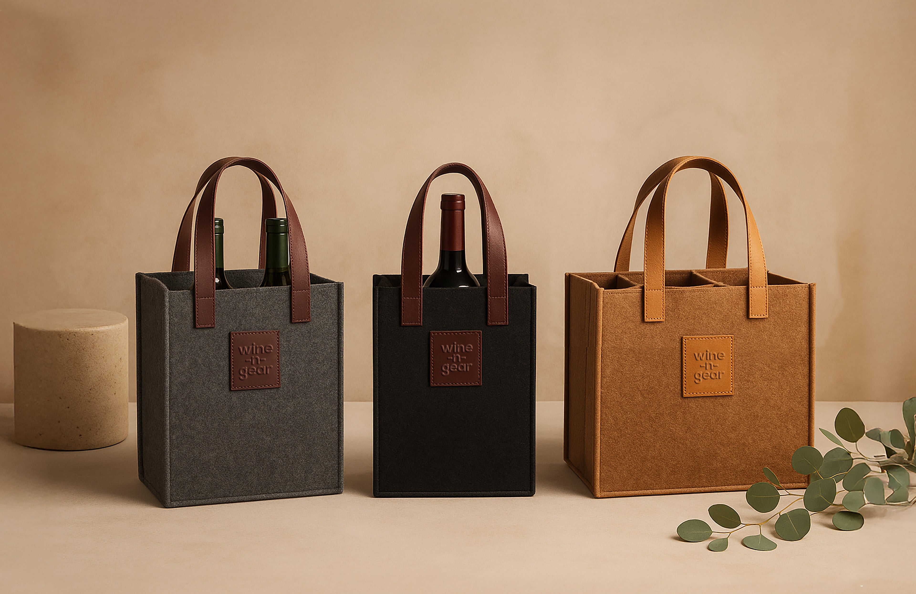 Three wine bags in gray, black, and brown on a beige background with a small plant.