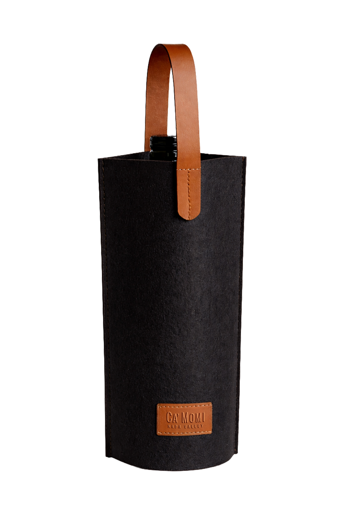 Black wine bottle bag with brown leather handle on a white background