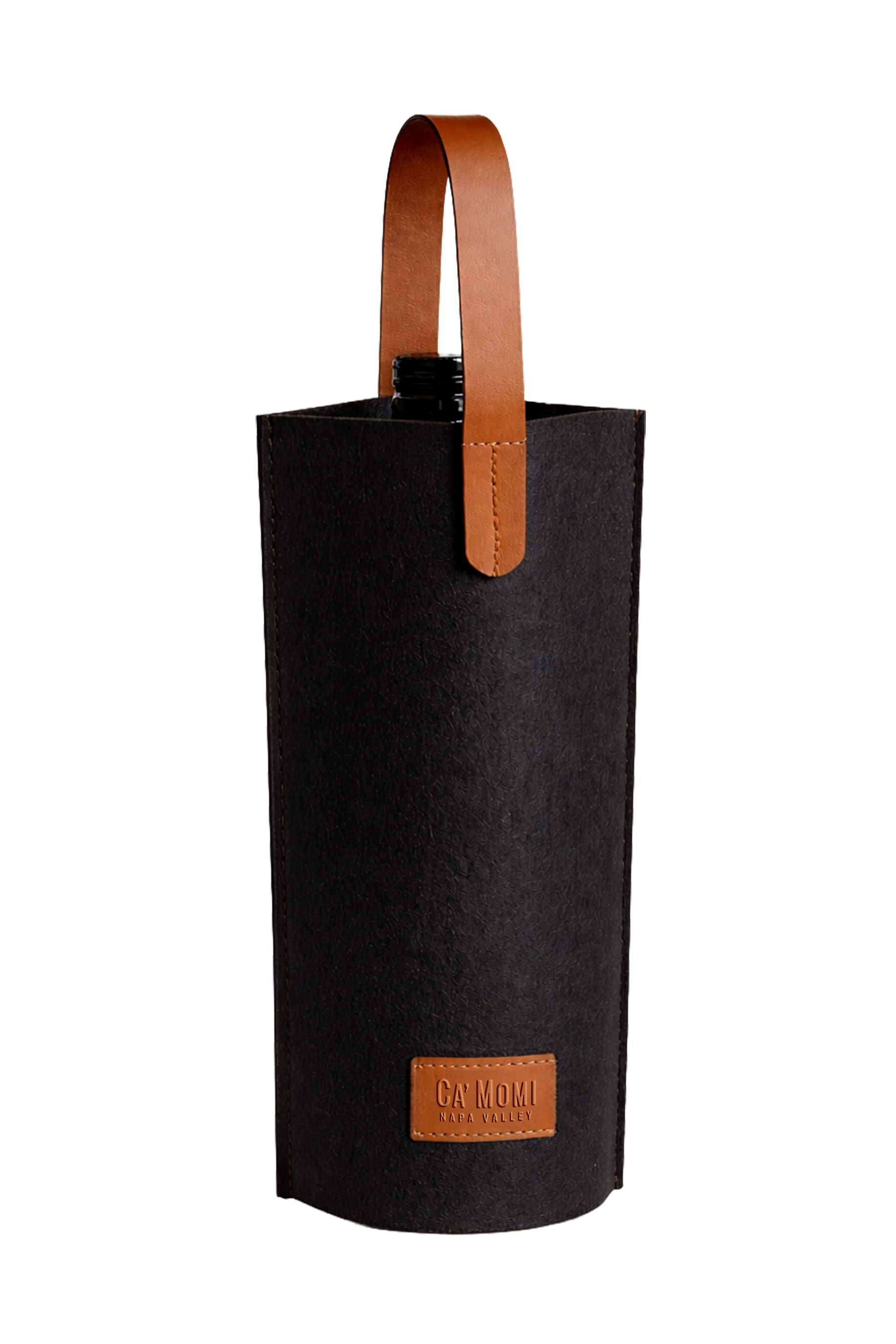 Black wine bottle bag with brown leather handle on a white background