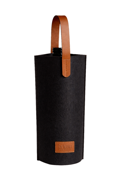 Black wine bottle bag with brown leather handle on a white background
