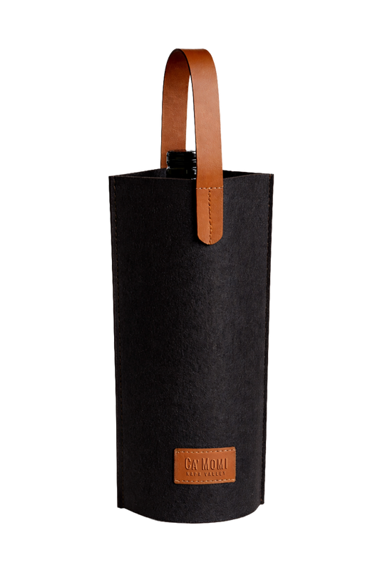 Black wine bottle bag with brown leather handle on a white background